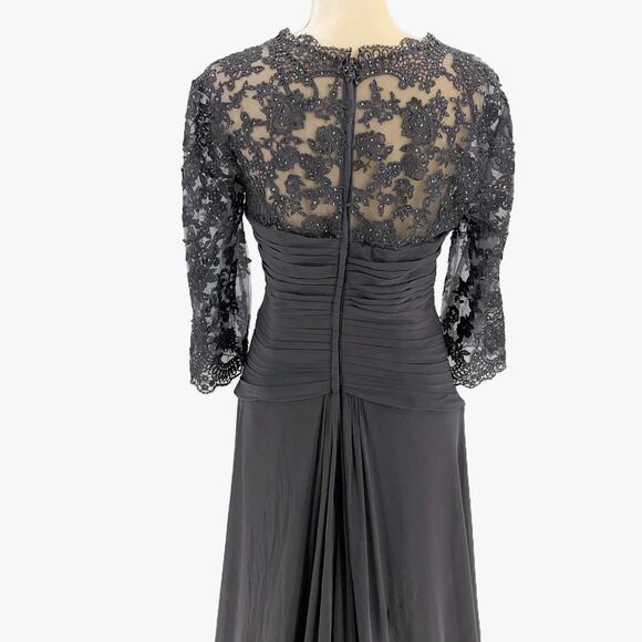 LA FEMME 30384 Ruched Twist Column Gown Size 12 Gunmetal Lace Net Jersey NWOT - Picture 8 of 12